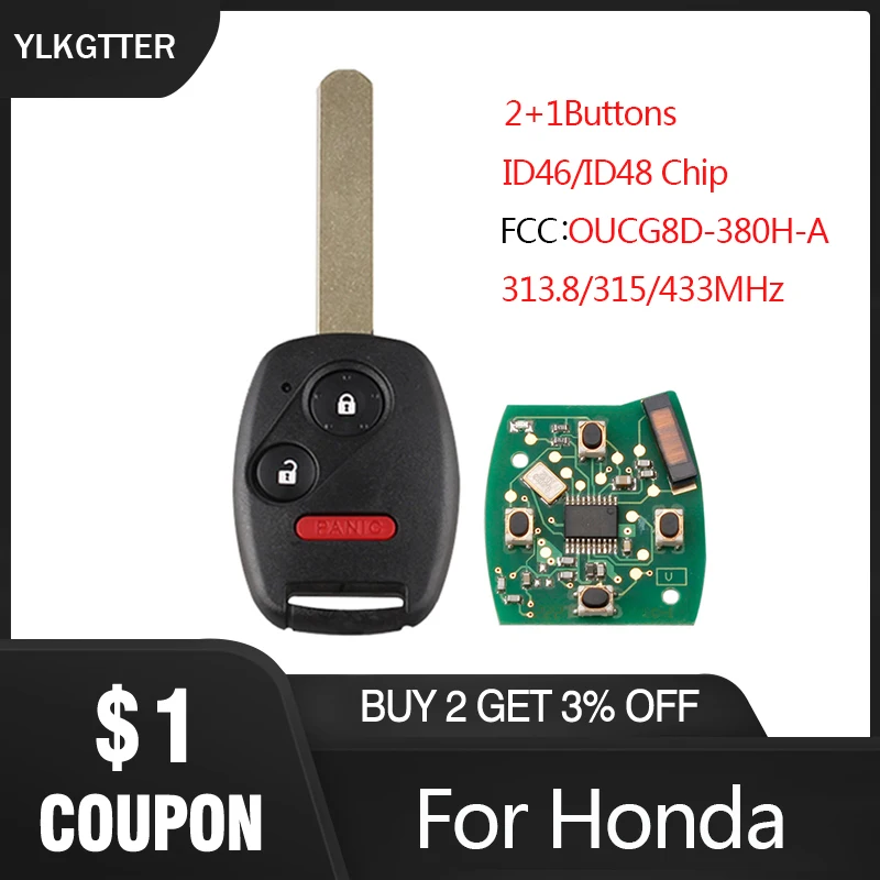 YLKGTTER 313.8/315/433MHz Car Remote Key Suit for Honda Accord CR-V HR-V Fit City Jazz Odyssey Shuttle Civic with ID46/ID48 Chip |
