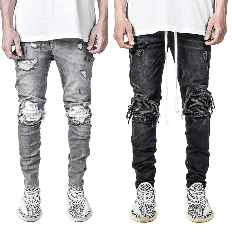 Retro Hole Destruction Trousers Biker Distressed Jeans Men Denim ...