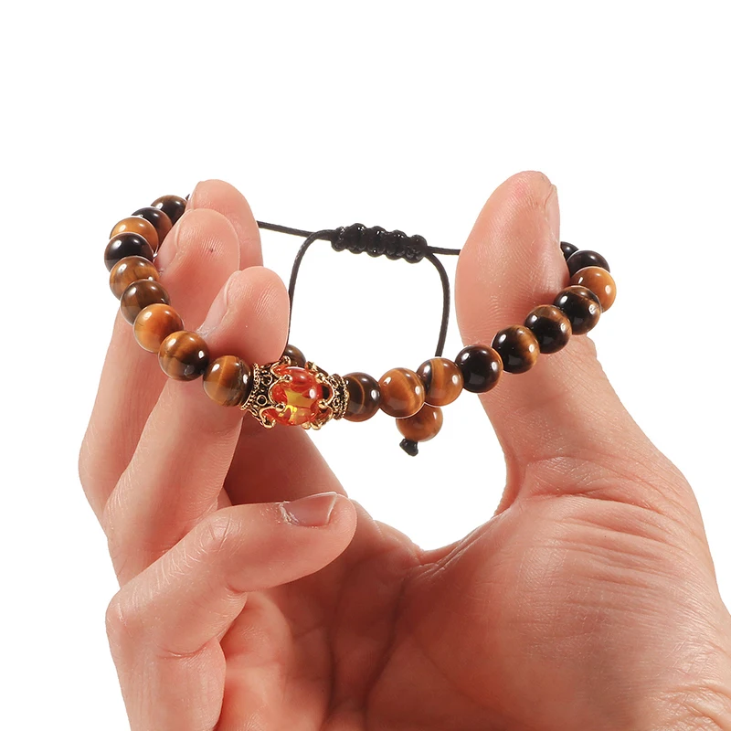 Bracelets for Men Women Natural Tiger Eye Stone Black Lava Beads Imperial Crown Braid Strand Stretch Bracelet Jewelry Adjustable