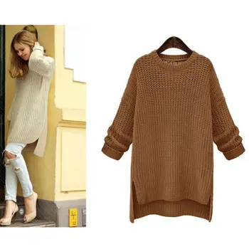 

2019 Women Winter Long Thick Sweaters Irregular O-Neck Long Sleeve Solid Knitted Tops Female Pullovers Split Sweaters