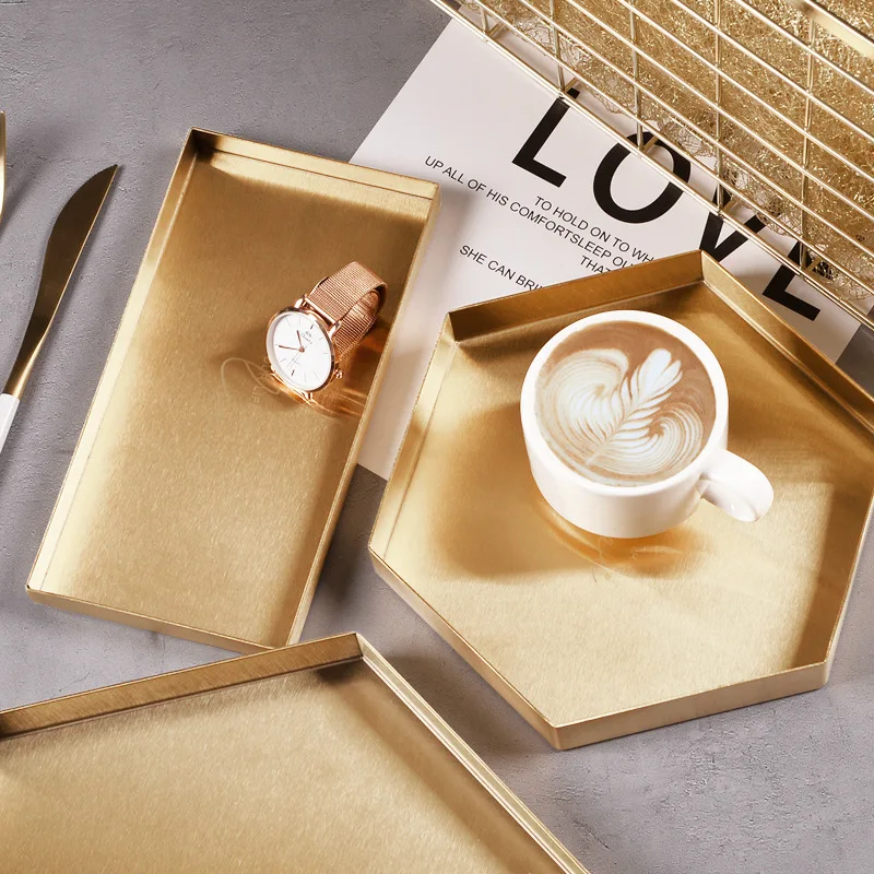Gold Geometry Stainless Steel Storage Tray Nordic Porch Sundry Arrangement Cosmetic Box Dinner Plate | Дом и сад