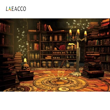 

Laeacco Magic House Vintage Bookshelf Wood Barrel Candlestick Skull Photography Backdrops Photo Backgrounds Halloween Photophone