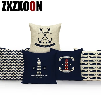 

Nordic European Ocean Navigation Blue Anchor Lighthouse Rope Compass Throw Pillows Sofa Cushion Cover for Home Living Room Decor