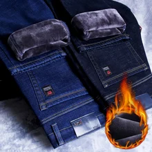 Pantalones vaqueros gruesos para hombre, jeans gruesos con corte delgado para hombres de negocios, pantalones elásticos negros y azules, para invierno, 2021