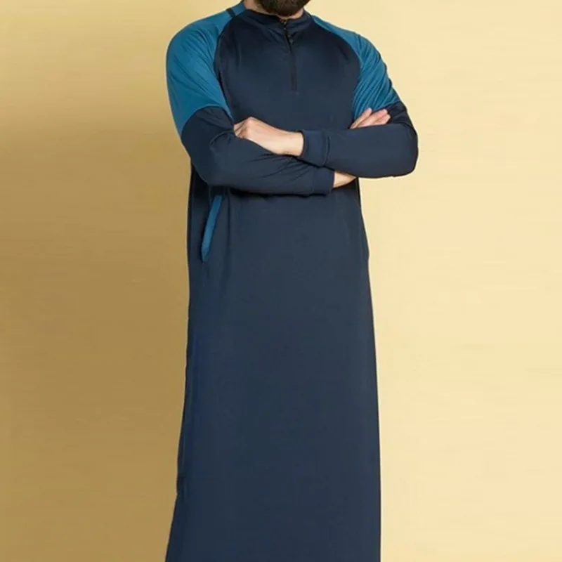 

Muslim Men Long Robes Contrast Color Spliced Zipper Round Neck Long Sleeve Kaftan 2019 New Arabia and Middle Long T-shirts
