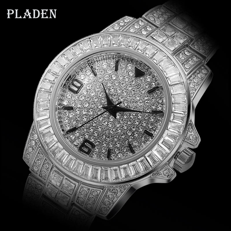 

Dropshipping PLADEN Iced Out Luxury Wristwatch Baguette Diamond Watch Silver Hip Hop Classy Rolexable_watch Men with gifts Box