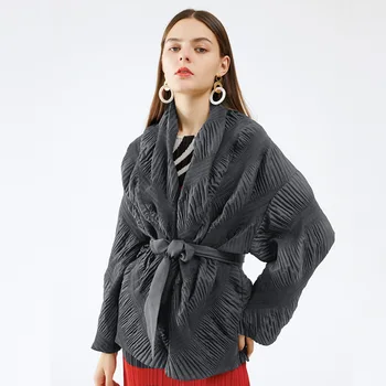 

SuperAen Winter New Style Solid Pleated Open Collar Cotton-Padded Clothes Loose Lace-up All-match Slim Warm Jacket Coat Women