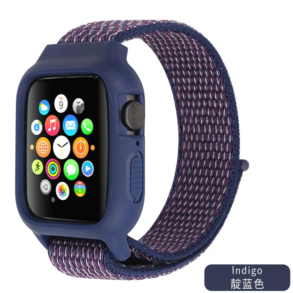 Indigo Чехол+ ремешок для apple watch 5 ремешок 44 мм 40 мм iwatch ремешок 42 мм 38 мм pulseira correa apple watch 5 4 3 нейлоновый браслет+ силиконовый чехол - Цвет ремешка: Indigo