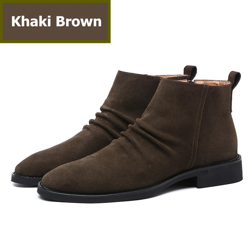Khaki Brown ZSAUAN/мужские ботинки на молнии; супер натуральная коровья замша; осенние ботильоны; мужские ботинки «Челси» с острым носком; Элегантные Короткие военные ботинки в британском стиле - Цвет: Khaki Brown