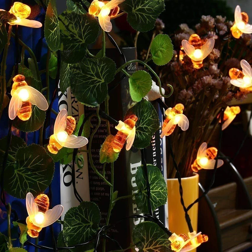 Luzes de Led Fofas de Abelha e Mel Decoração de Árvores de Natal Guirlanda Livre Jardim Pátio Luz Noturna ar 9 Fios de LED