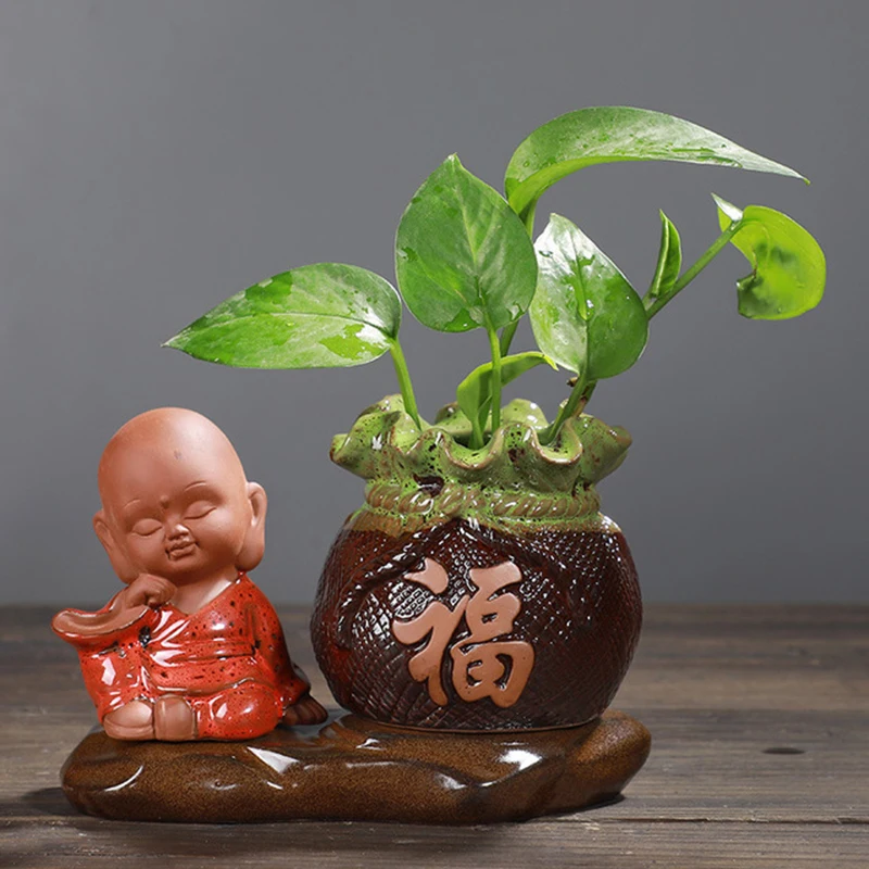 Глазурованная керамика креативный маленький монах со стеклянной вазой чай ПЭТ ваза для гидропоники Террариум Чайный домик украшение дома - Цвет: 13