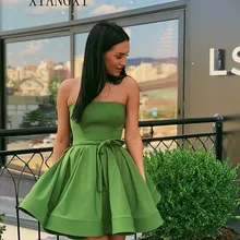 Небесно-зеленое платье для выпускного вечера атласное ТРАПЕЦИЕВИДНОЕ ПЛАТЬЕ длиной до колен Короткие Выпускные платья вечерние платья для вечера встречи выпускников платье