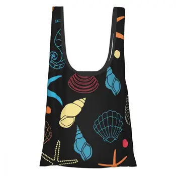 

Folding Shopping Bag Seahorse Starfish Seashell Shell Foldable Shopping Bag Reusable Grocery Bag Food Organizer Vegetables Bag