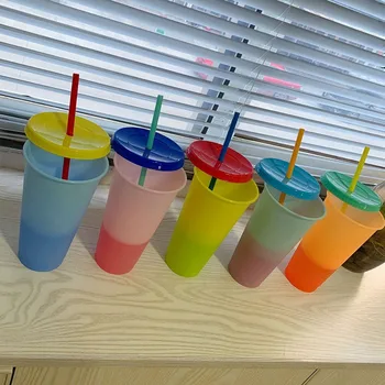

Reusable Plastic Water Bottles With Straws Temperature Color Changing Cold Cups 360ml Magic Tumblers Birthday Gifts
