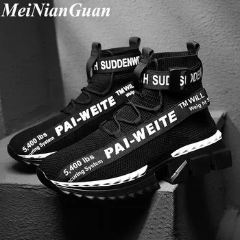 

Round Toe Men's Sneakers Male Air Mesh Sport Shoe Man Lightweight Jogging Shoes Wild Sock Shoes Summer Black High Sports Shoe B5