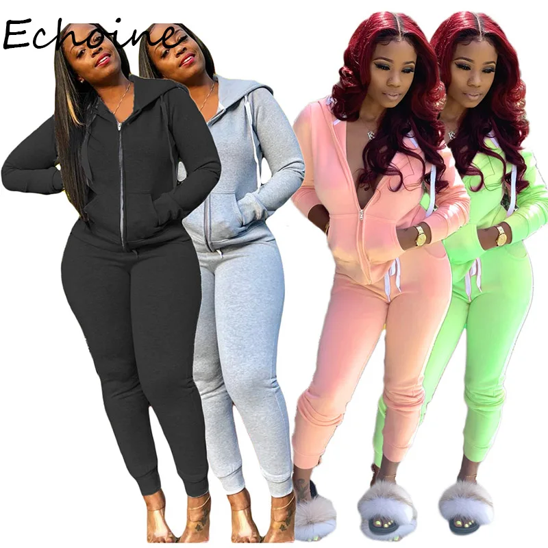 

2019 Autumn Suit Tracksuit Solid Color Sportwear Long Sleeve Hooded Zipper Two Pieces Set Coat +Long Pants Outfit