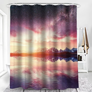 

Mountains Lake Shower Curtain Sunset Purple Sky Bathroom Curtains Polyester Fabric Waterproof Durable Bathing Screen with Hooks