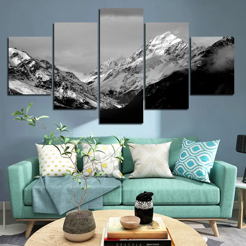 

Waterproof Ink Printing 5pcs HD Photography Art Photo Gray Tone Snow Mountain Natural Scenery Canvas Frameless Decoration Poster