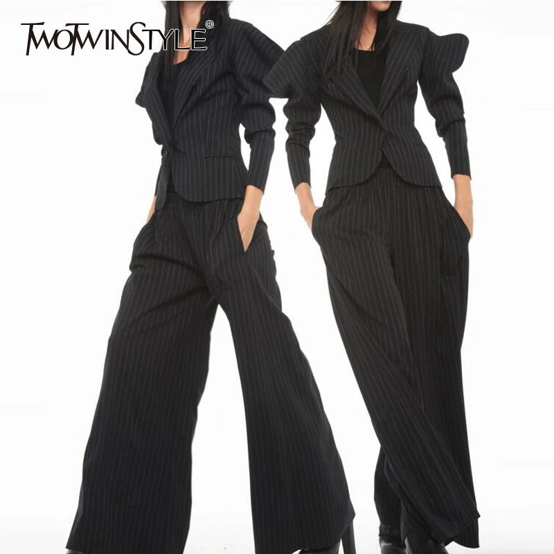 TWOTWINSTYLE Black Striped Blazer Coat Female Long Sleeve Broad