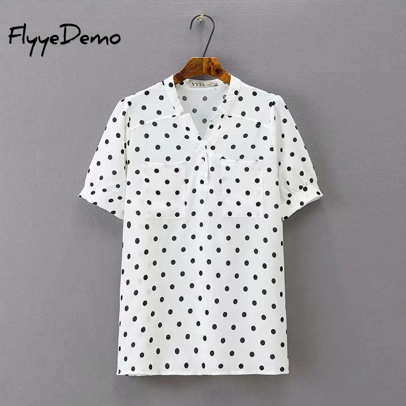 plus size white blouse with black polka dots