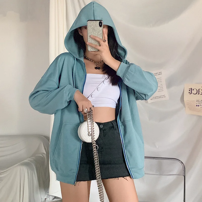 

NCLAGEN Women Zipper Up Loose Casual Oversize Hoodies Pockets Solid College Long Sleeve Hooded Sudadera Sweatshirt Outwear Top
