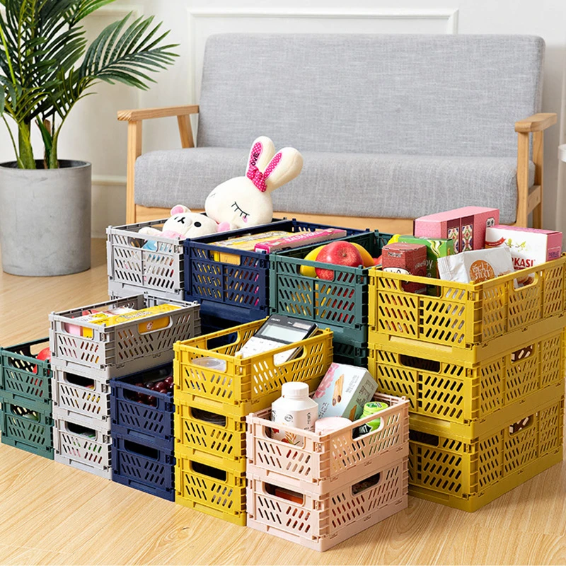DFU Folding Collapsible Storage Crate Box Stackable Home Kitchen Warehouse  Baskets Desktop Cosmetic Sundries Fruit Toys Food Bin