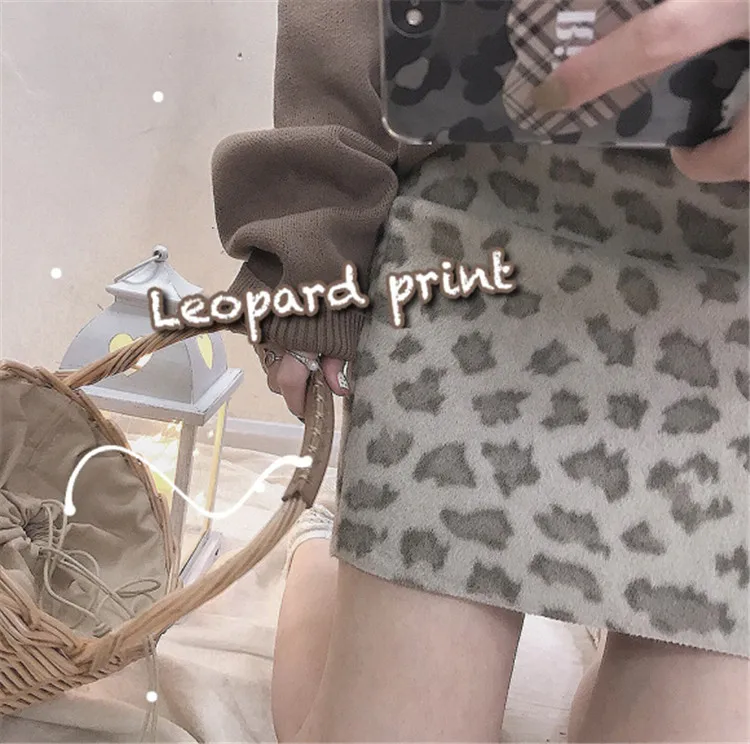 Японская Ретро леопардовая юбка-карандаш для женщин зимняя Harajuku Сексуальная винтажная печатная юбка для девочек с высокой талией шерстяная юбка с запахом