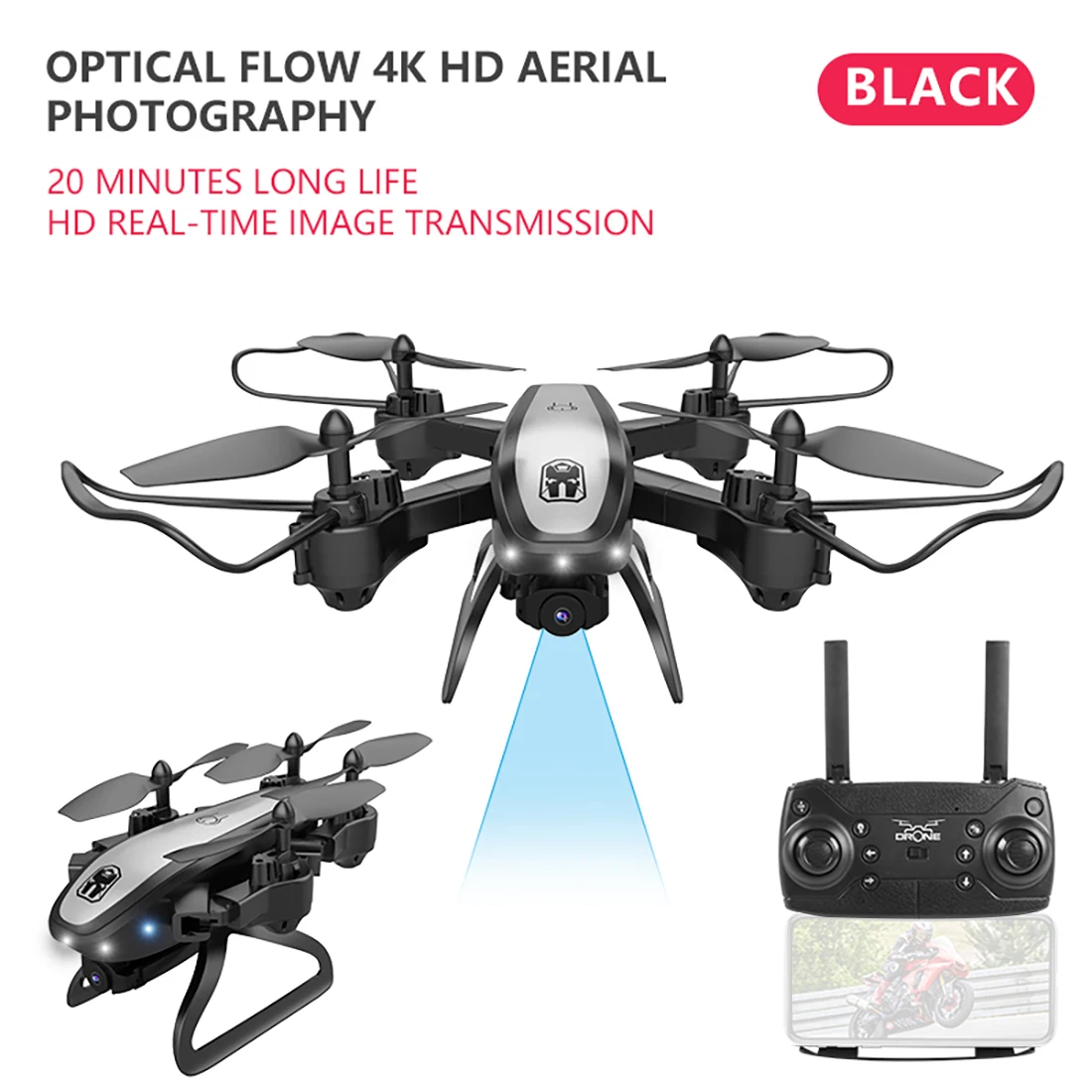 KY909 4K HD камера Дрон FPV Wi-Fi оптическое позиционирование потока RC самолет складной высота удерживает длительный срок службы батареи детские игрушки - Цвет: 4K Camera Black