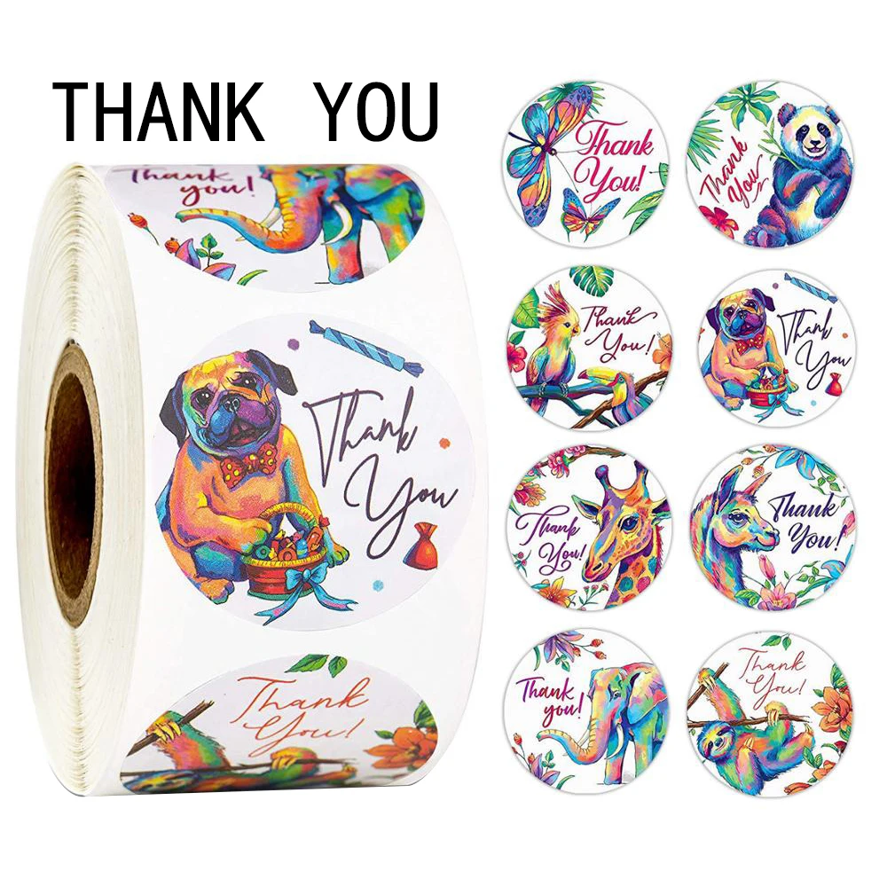 

500PCS Stationery Sticker Round Animal Thank You Stickers Seal Label for Scrapbook Stickers Package Personalized Decoration