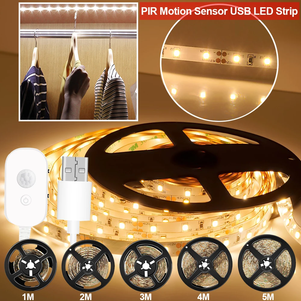 

5M 4M 3M 2M 1M Smart Dimmable LED Strip Light PIR Motion Sensor 5V USB Flexible Adhesive Lamp Tape For Closet Stairs Cabinet D30