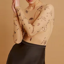 

Women Spring Autumn Y2K Romper Sexy See Through Mesh Bodycon Bodysuits Brown Long Sleeve Letters Printing Jumpsuits Streetwear