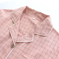 Summer new couple pajamas two-piece men's plaid short-sleeved shorts 100% cotton gauze ladies simple home service set sleepwear - Image 5