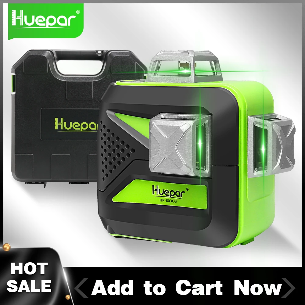 Huepar 12 Lines Cross Line 3D Green Beam Laser Level 360° Self-leveling Horizontal Vertical with Li-on Battery & Hard Carry Case |