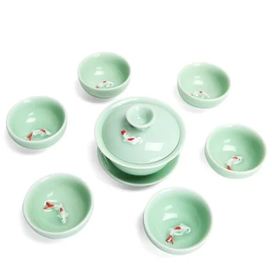 Chinese Tea Set Porcelain Celadon Fish Teacup Set Teapot Drinkware Kung Fu Tea Ceramic Tureen