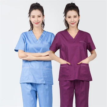 

Woman New Medical Scrubs Set V-neck Solid Surgical Lab Coat Hospital Breathable Nurse Medical Uniform Beauty Salon Workwear