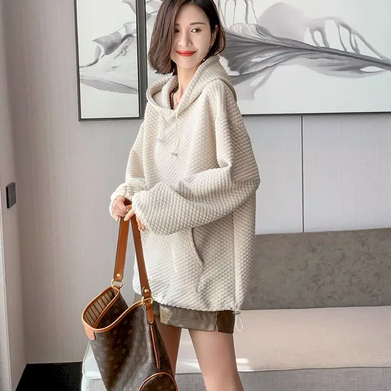 Fashion Waffle Plaid Kangaroo Felpe Donna Primavera Autunno 2023 New Casual Trendy Long Loose Hooded Jacket Womens Albicocca Tops