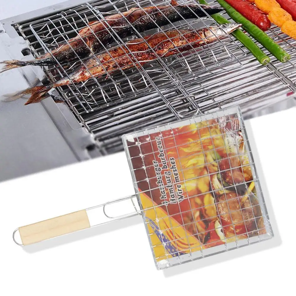 

Barbecue Grilling Basket Grill BBQ Net Wooden Handle Meat Fish Vegetable Tool
