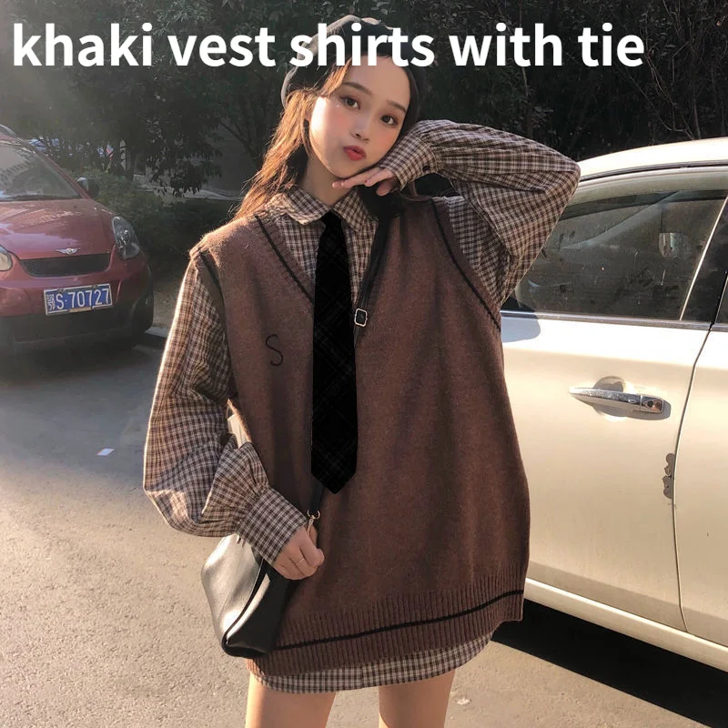 Sets Women Plaid Shirts Vest Students Korean Style Loose College Knitting Sweater Autumn Sweet Casual Harajuku Design Clothes lounge sets Women's Sets