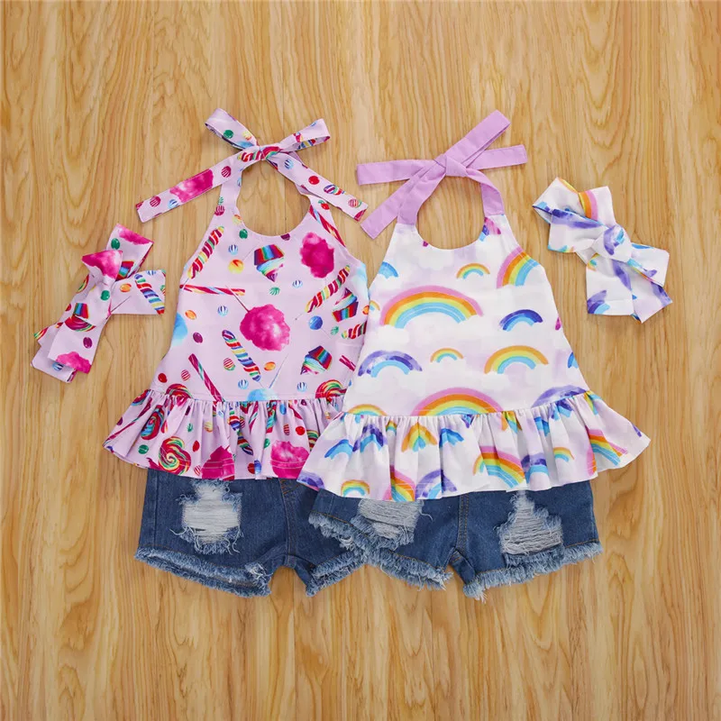 

Toddler Kid Girls 3 Pcs Outfits Suits Rainbow Printed Sleeveless Ruffles Tanks Top + Ripped Denim Shorts + Bow Headband Outfits