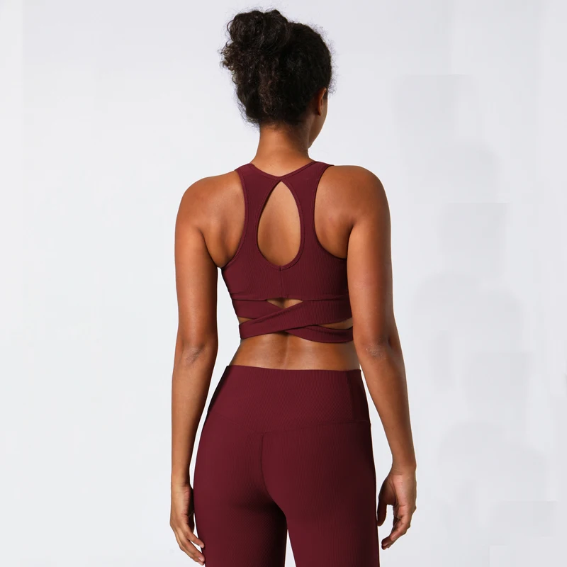 Women Soft Stretchy Sportswear Ribbed Nylon 2 Pieces Yoga Suit