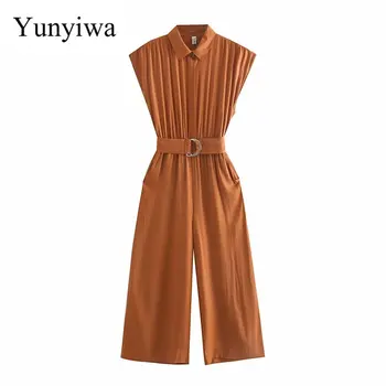 

2020 Safari Style Women Turn Down Collar Solid Color Belt Sashes Wide Leg Jumpsuits Ladies Pleats Casual Business Rompers