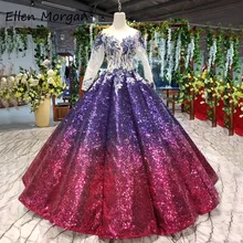 Бальные платья с блестками градиентного цвета, платья для выпускного вечера, реальные фотографии, длинные рукава, кружевные кристаллы, пышные вечерние платья для женщин