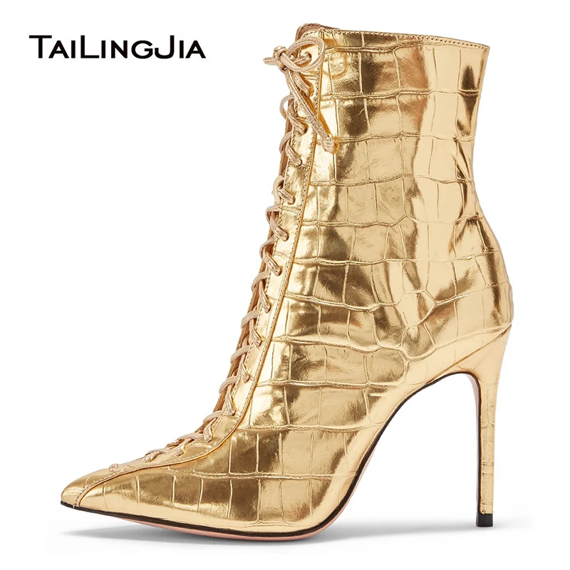Gold Crocodile Pattern High Heel Ankle 