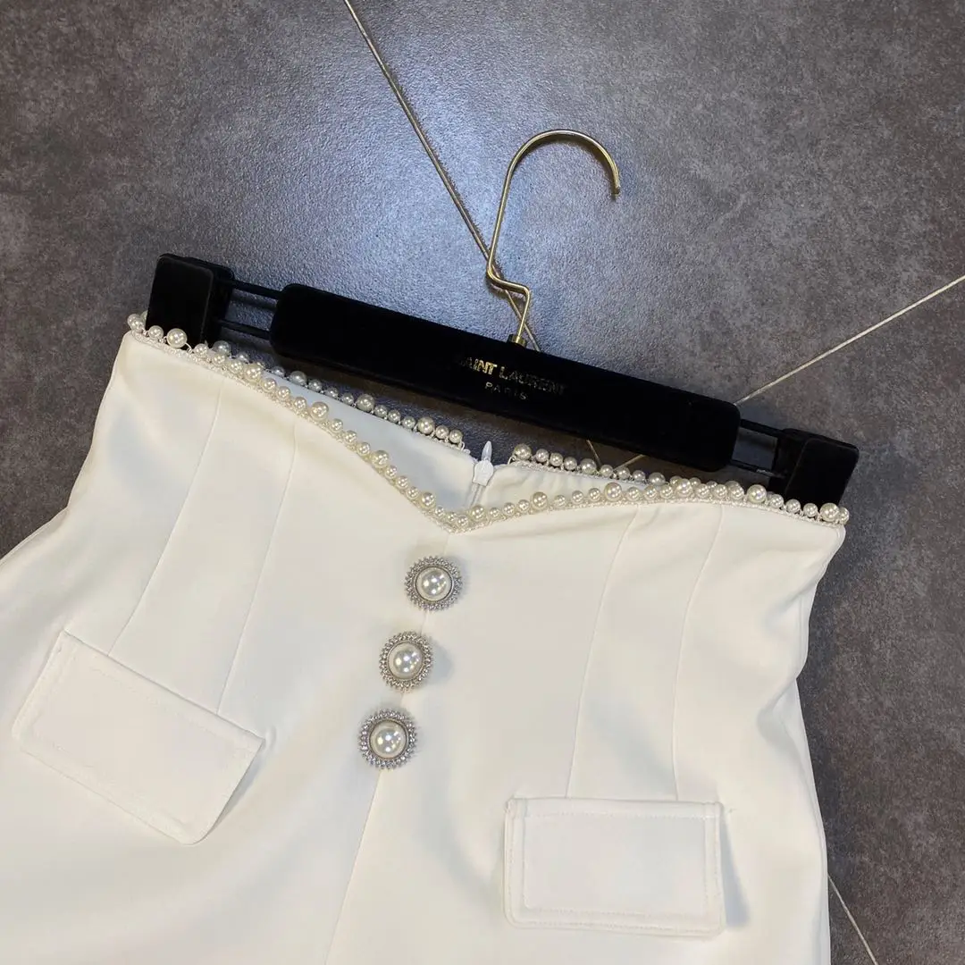 Spring Autumn Fashion Casual Black White Beaded High Waist Shorts Women Elegant Office Ladies Cotton Short Pants Female Bottoms