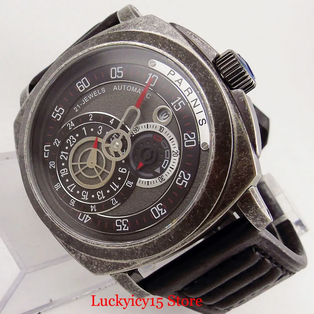  PARNIS Luxury Military Style Square Automatic Men Watch 24 Hours Date Indicator Self Winding Moveme