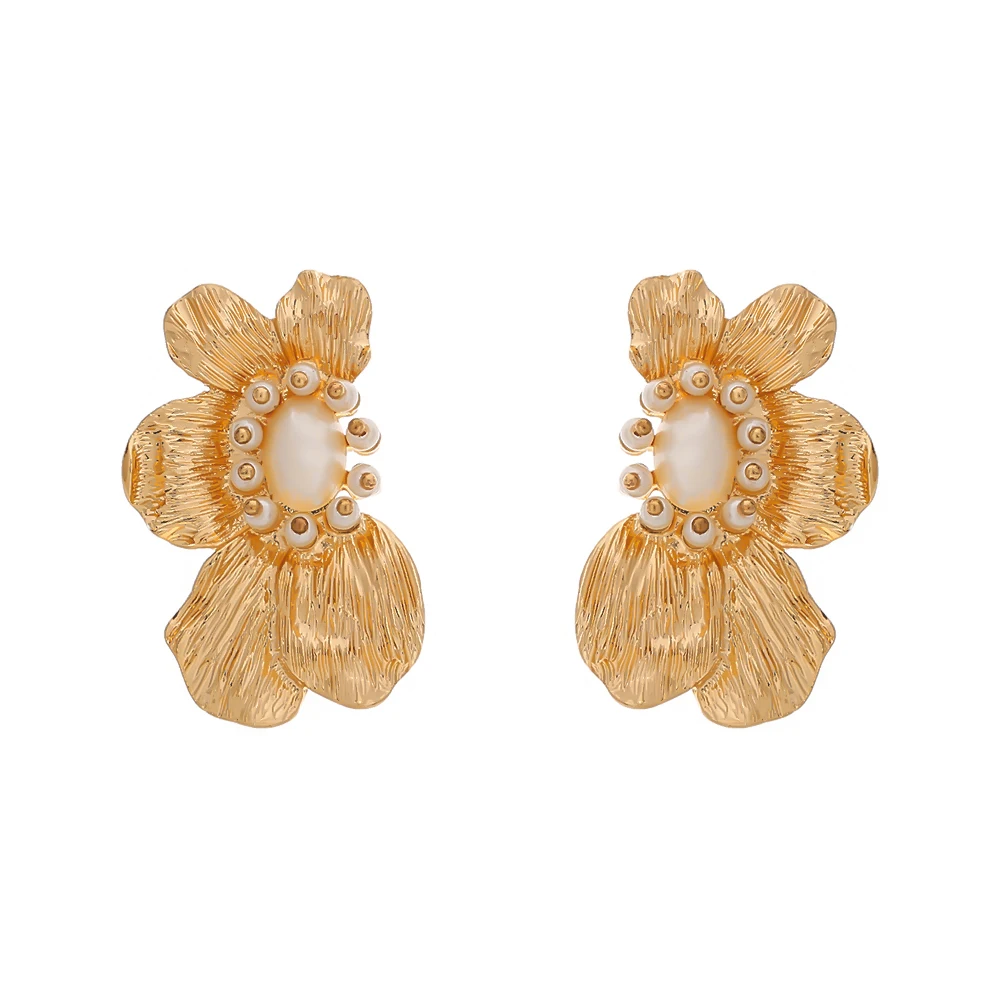 Yhpup Brand Imitation Pearls Stud Earrings Zinc Alloy Flower Plant Earrings Temperament Charm Metal Jewelry for Female Party - Окраска металла: Золотой цвет