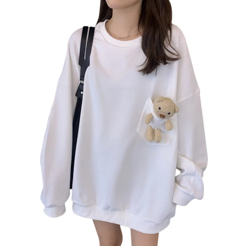 

Pullover For Women Korean Style Loose Cute Bear Long Sleeve Sweatshirt Top One Size Sweatshirts Ropa De Mujer