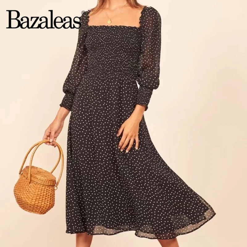 Bazaleas Франция эластичный бюст vestido Vintagel Сплит женское платье модное с длинным рукавом в горошек Черное женское платье миди повседневное