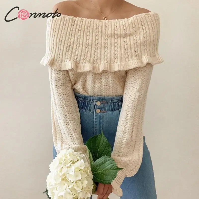 Conmoto Осень-зима 2019 Одноцветный свитер с оборками джемпер для женщин открытыми