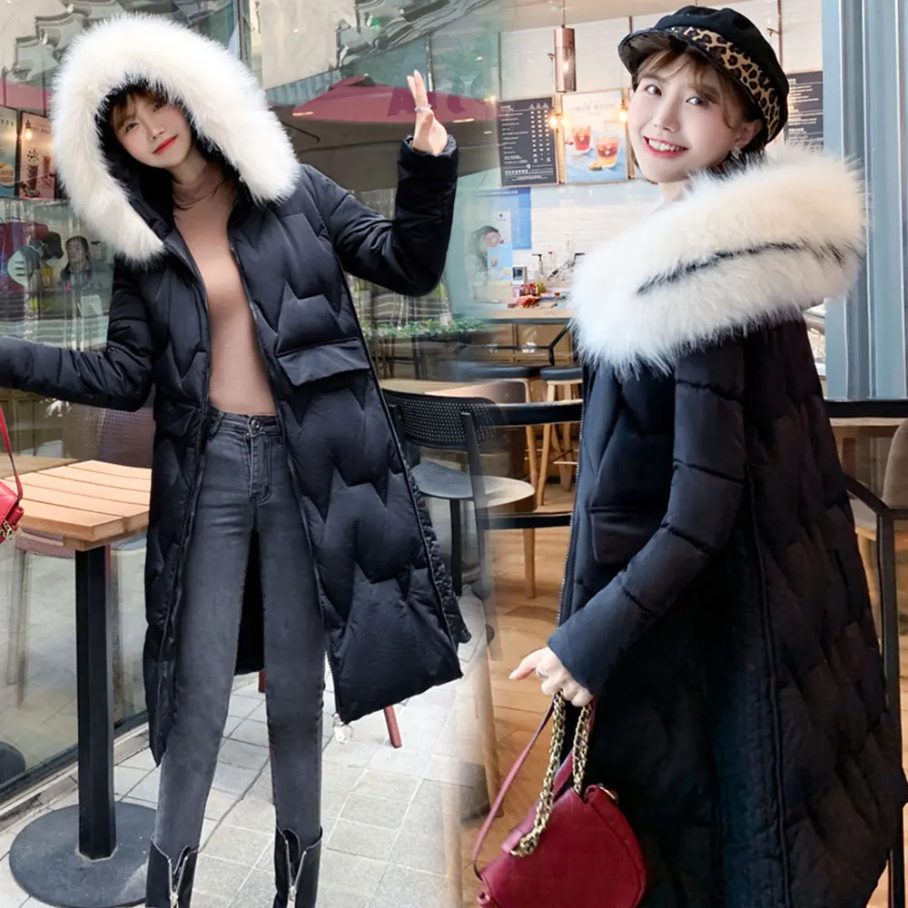 PinkyIsBlack/Новинка года; модная зимняя куртка для женщин; Длинные парки; пальто с большим мехом и капюшоном; утепленное теплое Элегантное зимнее пальто для женщин - Цвет: Черный